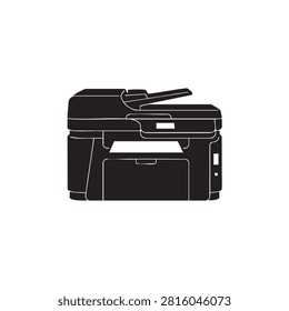 All in one multifunction printer icon featuring integrated scanner, document feeder, and print trays for diverse business needs. This professional black silhouette graphic serves as a versatile tool for office documentation, paper management, corporate workflows, and advanced technology equipment visuals.