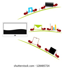 All in one tablet and red ants in multimedia and work concept illustration