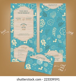 All in One Wedding Invitation with Blue Floral and Wood Background. Seal and Send card. 