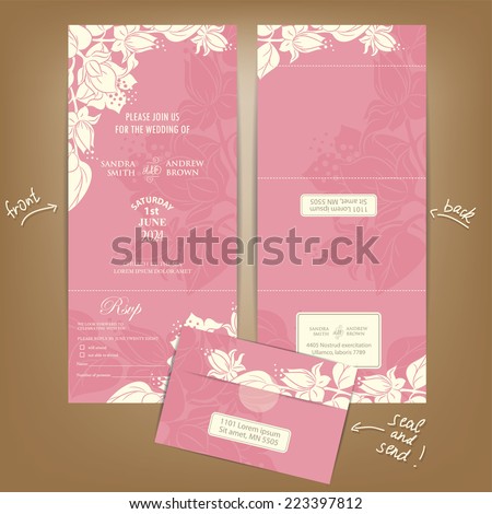 All in One Wedding Invitation with White Vintage Flowers. Seal and Send Card.
