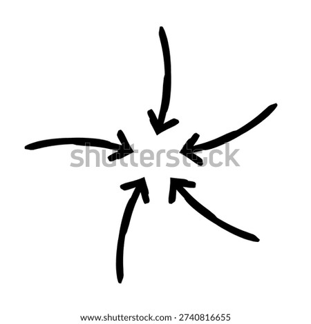 All options one conclusion arrows hand-drawn sketch graphic element. Converging toward center. Focus unification. Doodle direction. Minimal black pointer. Ink freehand symbol. Scribble illustration