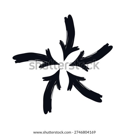 All options one conclusion arrows bold thick stroke graphic element. Converging toward center. Focus unification. Expressive grunge marker highlight pointer. Ink rough direction. Vector illustration