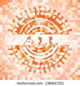 All orange tile background illustration. Square geometric mosaic seamless pattern with emblem inside.