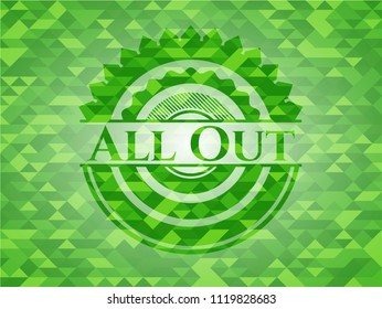 All Out green emblem with mosaic background