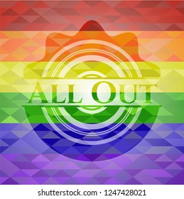 All Out on mosaic background with the colors of the LGBT flag