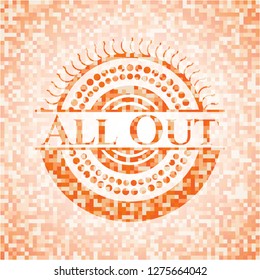 All Out orange tile background illustration. Square geometric mosaic seamless pattern with emblem inside.