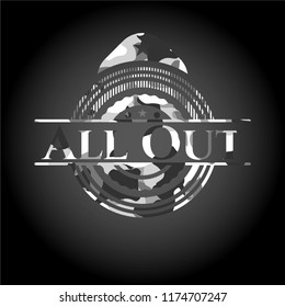 All Out written on a grey camouflage texture