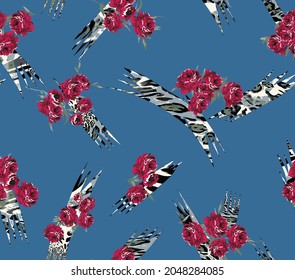 all over abstract red rose design  flower arrangement with blue ground motif for printing textile factory