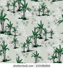all over banana with seamless small flowers on green background