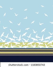 all over  birds border pattern on blue background