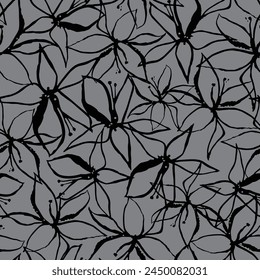  all over black seamless floral vector flowers pattern on grey background