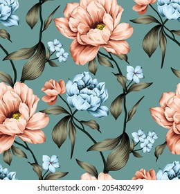 All Over Blue And Orange Vector Flowers With Green Leaves Pattern On Background