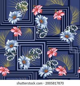 All over blue and pink vector flowers pattern on navy background