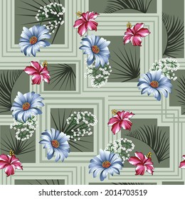 All over blue and pink vector flowers pattern on green background