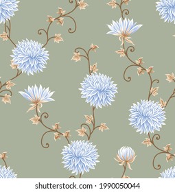 All over blue vector flowers pattern on green background