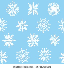 All over Christmas seamless repeat pattern with hand drawn ornate white snowflakes as a grid on a bright frosty winter blue background