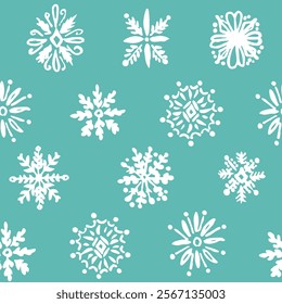 All over Christmas seamless repeat pattern with hand drawn ornate white snowflakes in a row on a teal blue green background. Colorful retro Christmas background midcentury style.