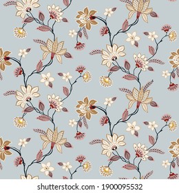 all over cream seamless vector flowers with leaves pattern on grey background