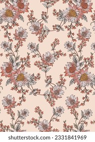 all over cream seamless vector flowers with leaves pattern on light color background