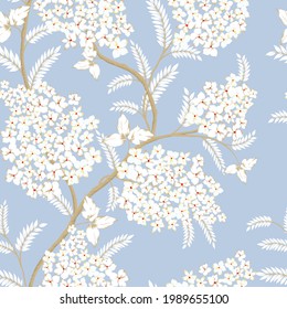 all over cream vector small flowers with leaves pattern on blue background