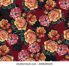 all over design red and yellow roses flower arrangement with solid background motif for printing textile factory