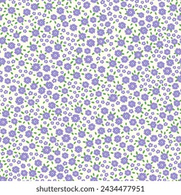 All over ditsy seamless floral repeat pattern packed with tiny small purple flowers and leaves on a soft cream background