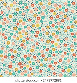 All over ditsy seamless floral repeat pattern packed with tiny multi color flowers and leaves on a neutral beige light tan background. Teal, coral, mustard yellow palette in muted vintage earth tones