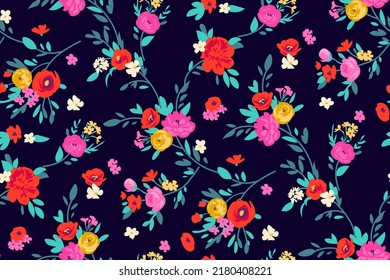 All over floral pattern with blooming small flowers on lea for digital wallpaper and apparel in ditsy style ,stylized vector template
