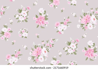 All over floral pattern with small meadow flowers on greensward for digital surface and garment in liberty style ,ornate vector template