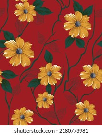 all over flower and leaves pattern on red background