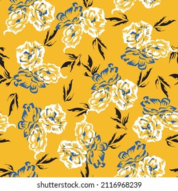 all over  flower pattern and leaves pattern on yellow background