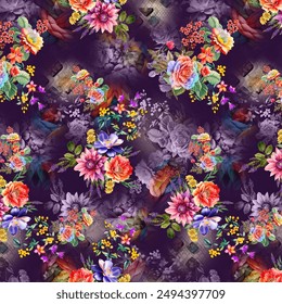 All Over Flower Pattern Pakistani Digital Print Design beautiful digital Red Flowers motif with abstract 

