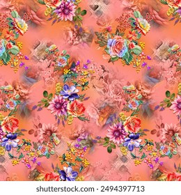 All Over Flower Pattern Pakistani Digital Print Design beautiful digital Red Flowers motif with abstract 

