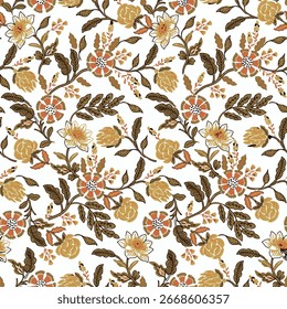 em todas as flores padrão sem costura para desenhos têxteis, amarelo e marrom Padrão de flor selvagem retro nos muitos tipos de florais. ramos de flores botânicas criativas isolados no fundo branco. 