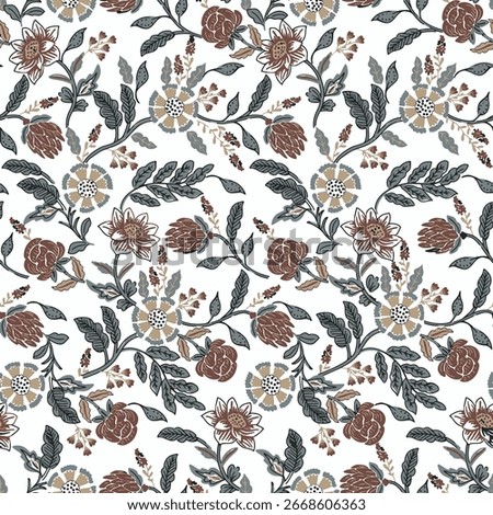 all over flowers seamless pattern for textile designs, maroon and green Retro wild flower pattern in the many kind of florals. creative botanical flower branches isolated on white background. 