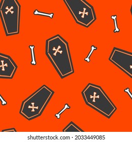 All over Halloween seamless vector repeat pattern with tossed black coffins and bones on orange background. Simple and sophisticated 4 way Halloween backdrop