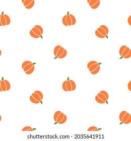 All over Halloween seamless vector repeat pattern with tossed orange and green pumpkin silhouettes on white background. Simple and sophisticated 4 way harvest Thanksgiving backdrop