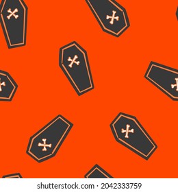 All over Halloween seamless vector repeat pattern with tossed black coffins on orange background. Simple and sophisticated 4 way Halloween backdrop