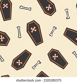 All over Halloween seamless vector repeat pattern with tossed black coffins and bones on cream background, orange accents. Simple and sophisticated 4 way Halloween backdrop