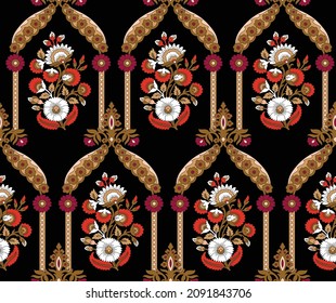 All Over Mughal Motif Vector Paisley Pattern On Black Background