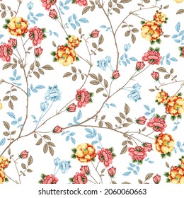 all over orange pink and blue vector flowers with brown and green leaves pattern of white