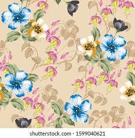 all over pink and blue vector flowers pattern