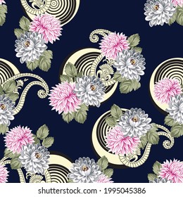 All over pink and grey vector flowers pattern on navy background