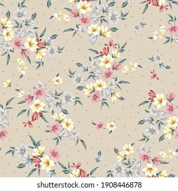 all over pink yellow and grey small vector flowers pattern on cream background