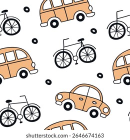 tudo sobre impressão, desenho, auto, automóvel, estrada, doodle, coleção, elemento, mão desenhada, têxtil, ilustração, transporte, vetor,