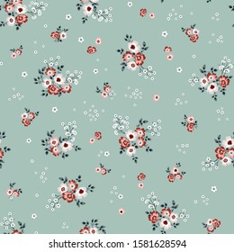 all over red small vector flowers bunches with green background