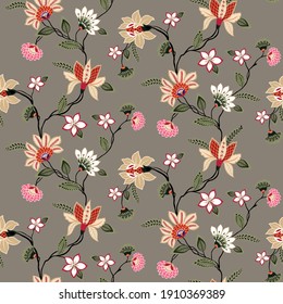 all over seamless floral vector flowers with leaves pattern on grey background