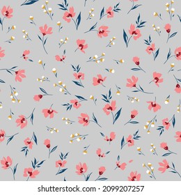 all over seamless floral vector pink and yellow small flowers with blue leaves pattern on grey background