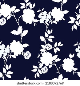 all over seamless floral vector white flowers leaves pattern on navy background