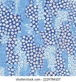 all over seamless floral vector cream small flowers with paisley pattern on texture blue background